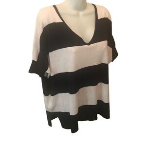 New Minnie Rose Saks Fifth Ave Striped Light V~Neck Sweater M/L Cotton Navy